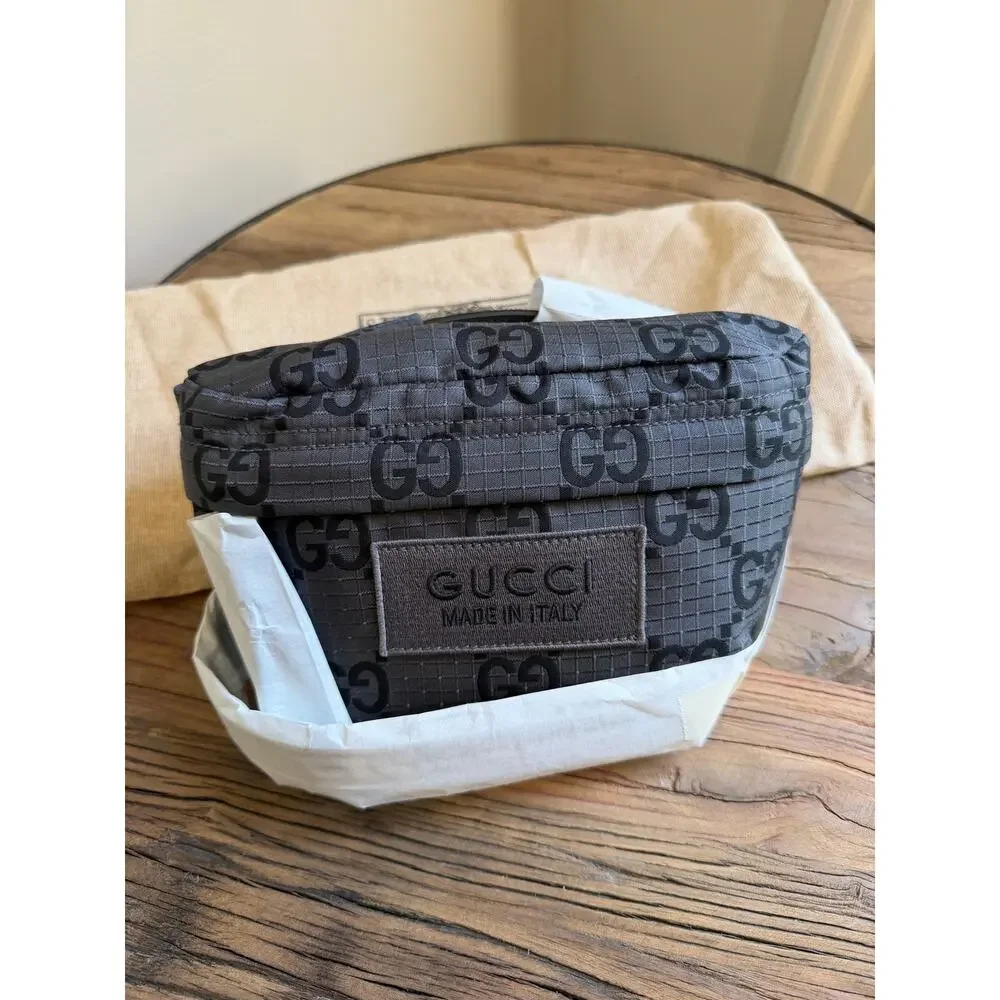 Gucci GG Nylon Belt Bag Grey Unisex Crossbody Waist Bag Silver Hardware NWT  100